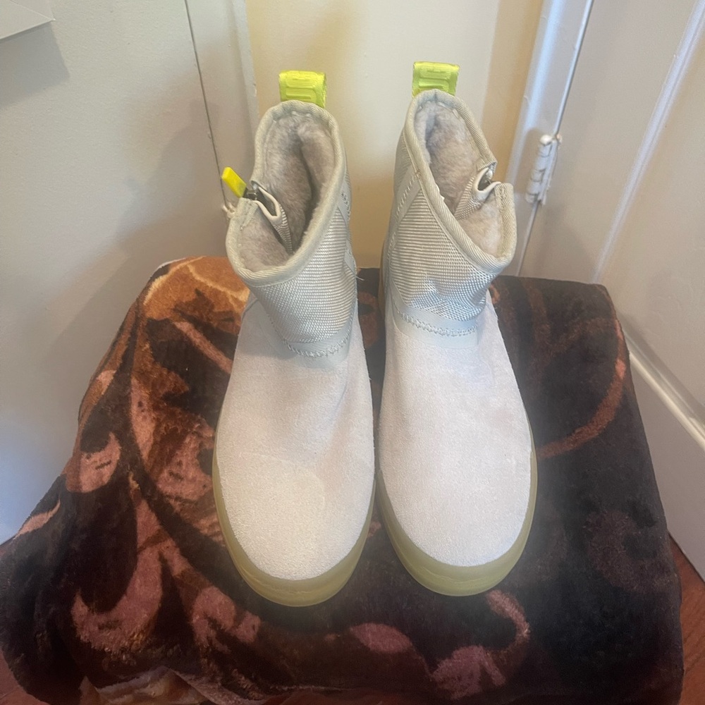 UGG White and Neon Yellow Moto Boots